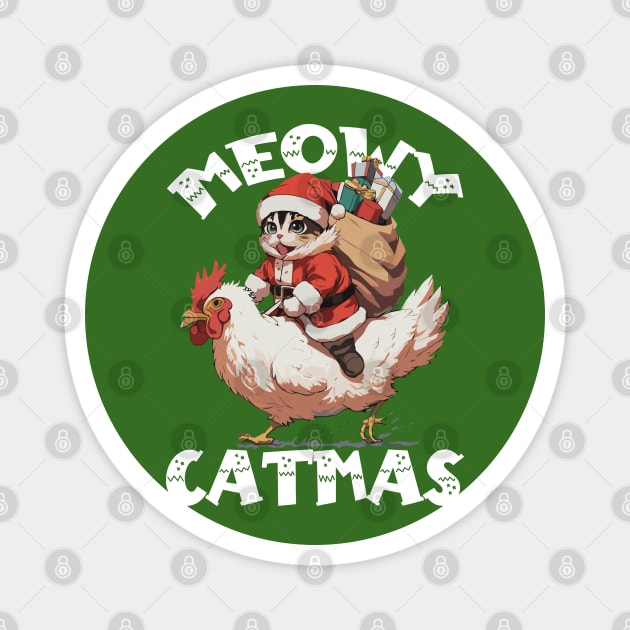 Meowy Catmas, Funny Cute Cat on a Chicken Magnet by Megadorim